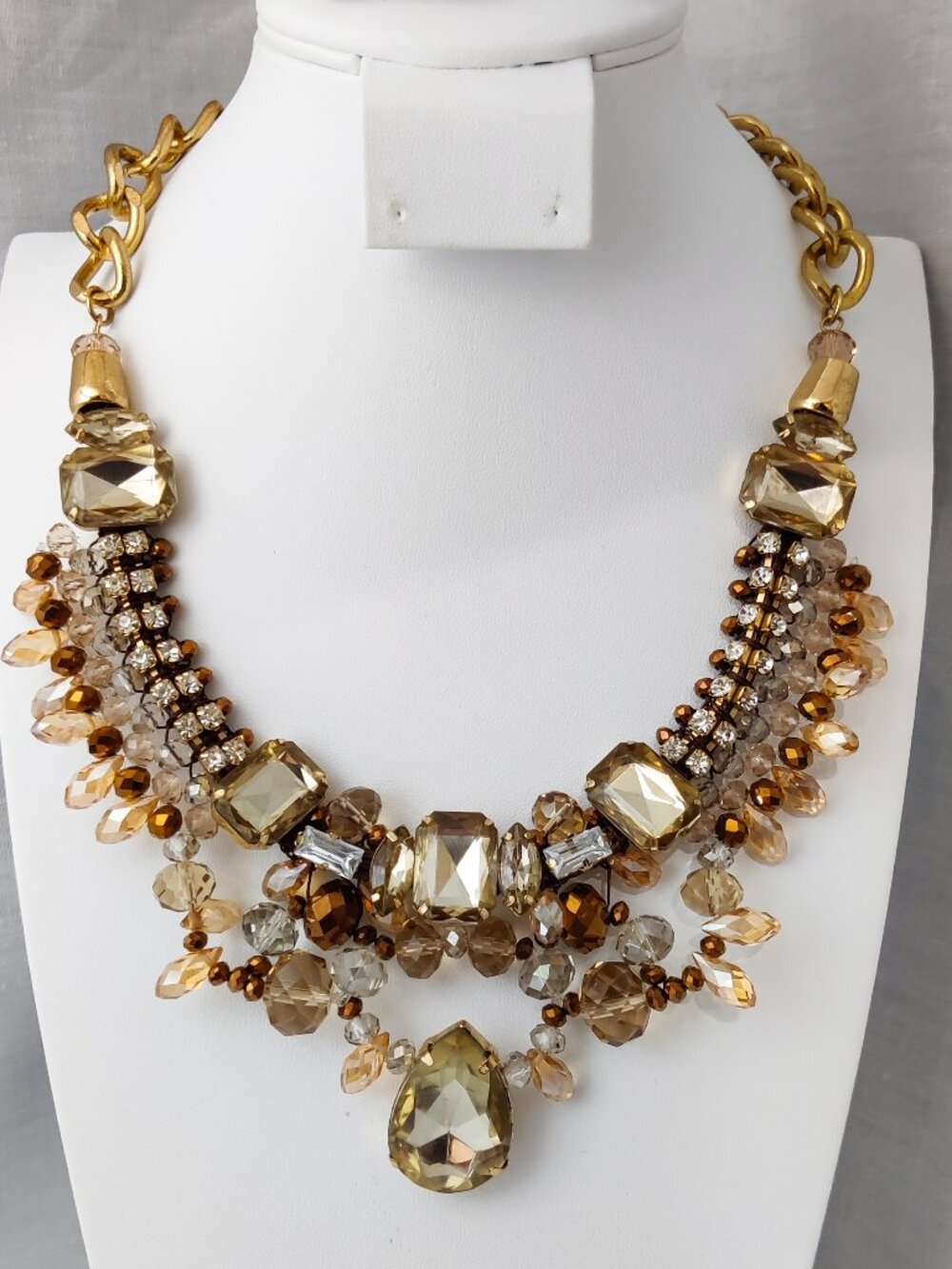 Susan Graver Statement Necklace Chunky Huge Rhinestones Taupe Topaz Peach Colors